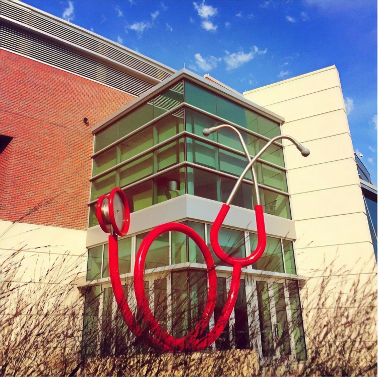 A large red stethoscope decorates the campus of the University of Nebraska Medical Center, part of the Fred and Pamela Buffett Cancer Center in Omaha, Nebraska. In 1983, the Fred & Pamela Buffett Cancer Center, (formerly the Eppley Cancer Center) was founded and, in 1999, became an NCI-designated cancer center.